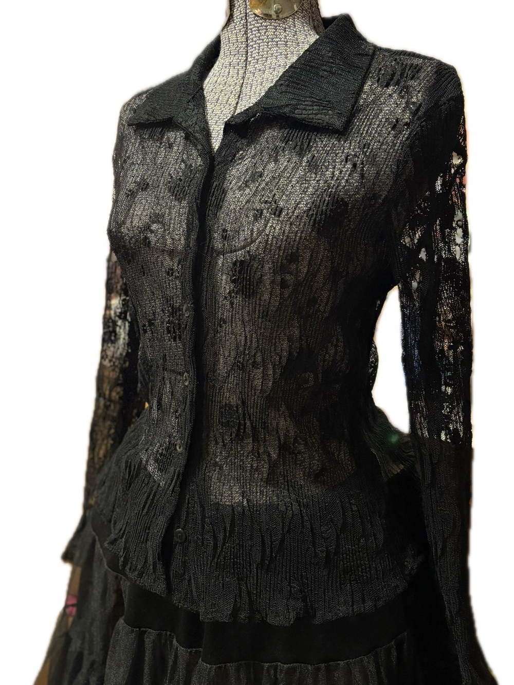 Black lace pleated button up top